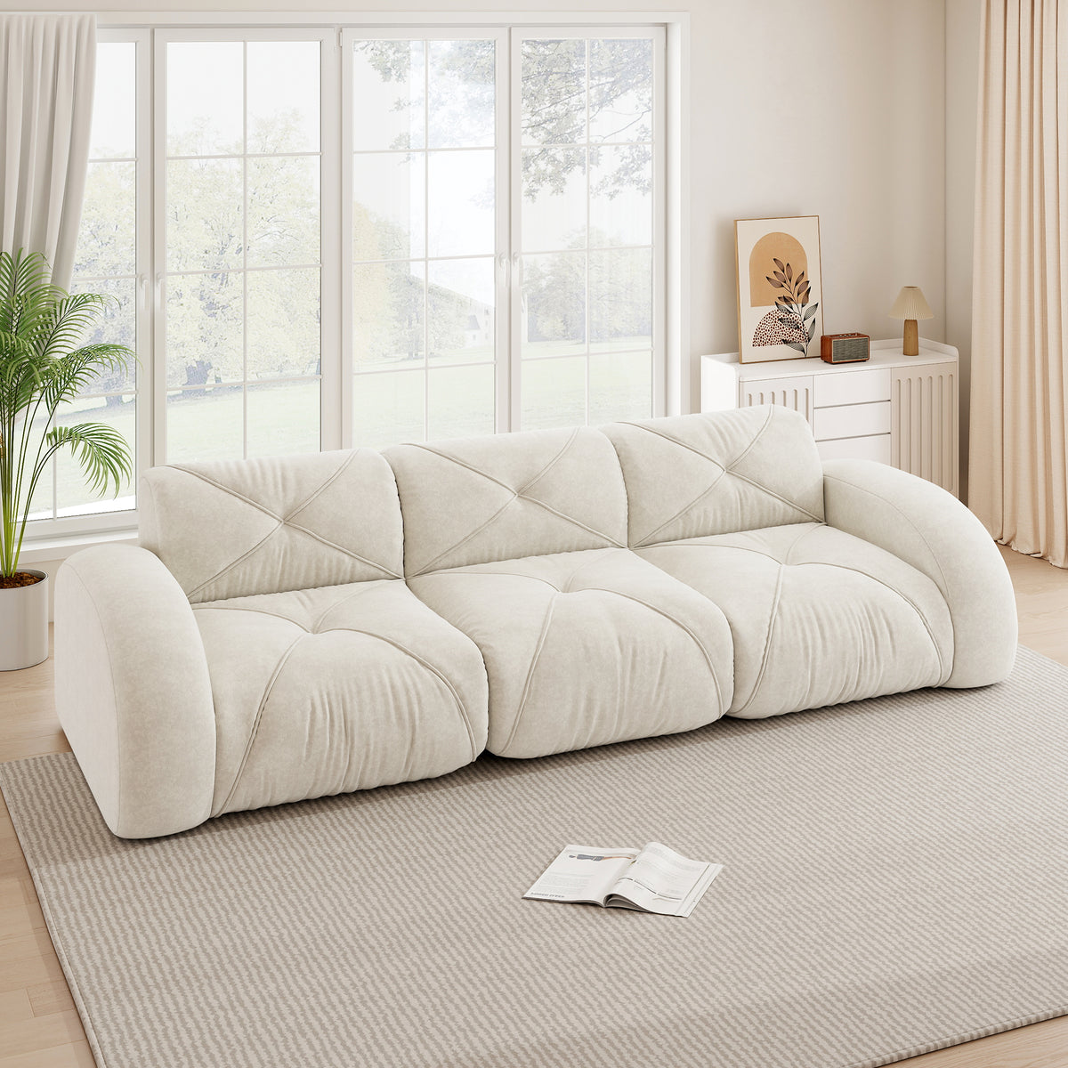Sofá sin armazón, módulo de sofá tres plazas extra grande, hecho de cómodo material chenille, ideal para el salón, diseño antiresbaladizo, sin necesidad de montaje, color beige claro