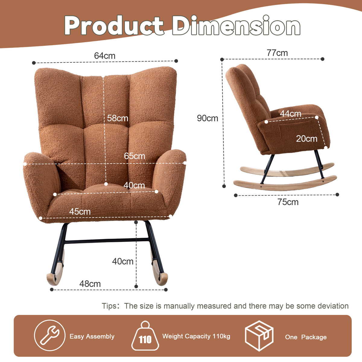 Silla de rock de tela de osito con bolsillo, Silla de rock suave para el cuarto de bebé, Silla de rock con respaldo en forma de alas cómoda con base de madera sólida segura, Sala de estar, Marrón