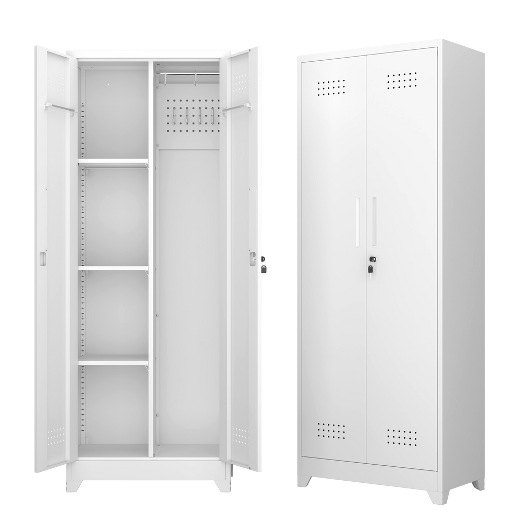 Gabinet de almacenamiento para herramientas de limpieza de 65" de color blanco con puertas con cerradura, estantes, varilla de colgado y anzuelos S