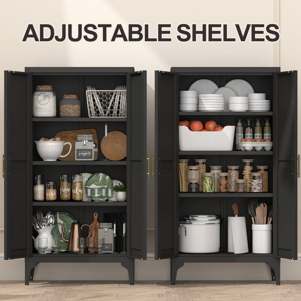 Gabinet de almacenamiento metálico de dos puertas ajustable para despensa de cocina, gabinete para el salón, comedor y oficina, negro