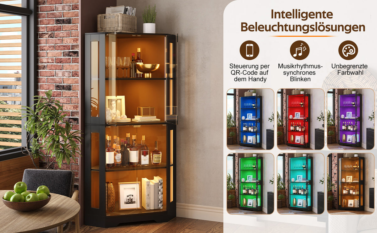 Armario vitrina de 165 cm con LED, armario lateral de cristal de seguridad de 4 niveles, moderno armario de vinos para figuras, coleccionables y vinos, para cocina y comedor