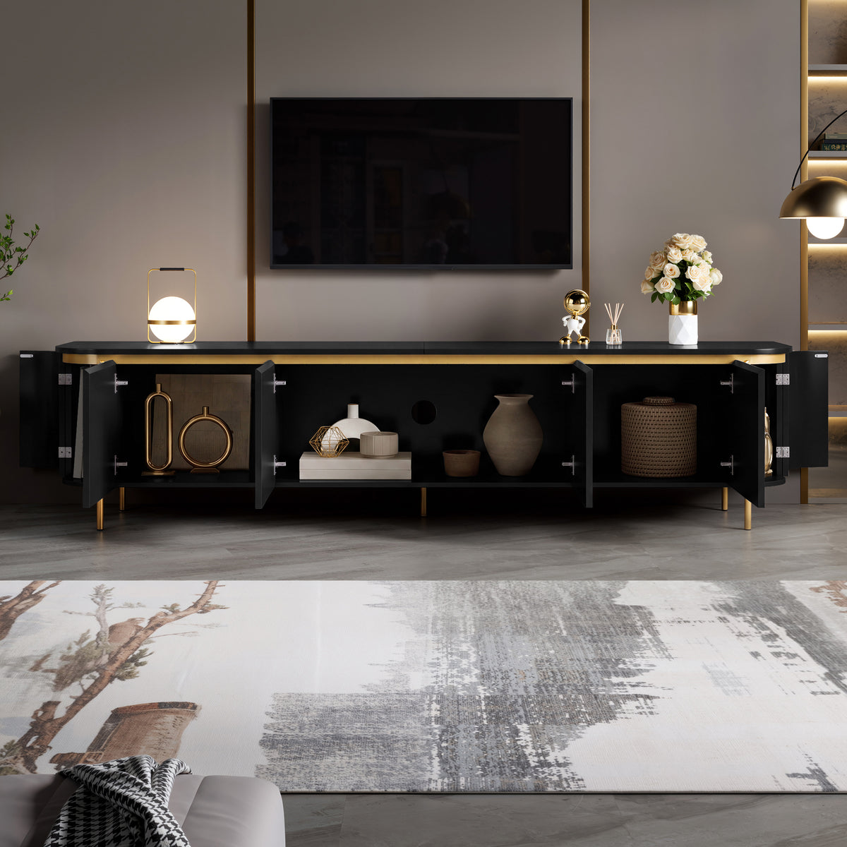 Armario bajo para TV con patas de hierro, 6 puertas, bordes redondeados y ranurado para cables, ideal para el salón
