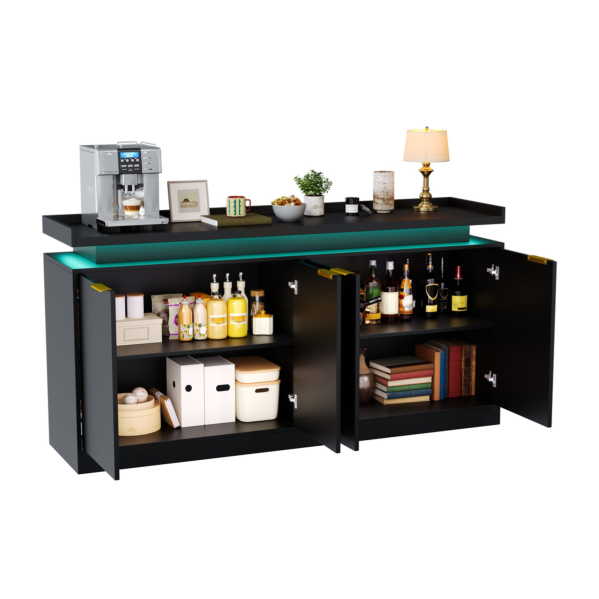 Armario de cocina con iluminación LED, Sideboard con 4 puertas, Buffet con mucho espacio de almacenamiento para el comedor y el salón, 160 × 39 × 83 cm