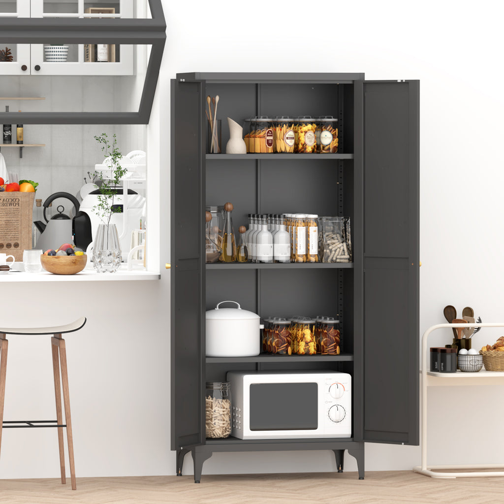 [Metal Adjustable] Gabinete de almacenamiento de dos puertas de metal para despensa de cocina, gabinete de despensa alta de acero para cocina, salón, comedor y oficina, color negro