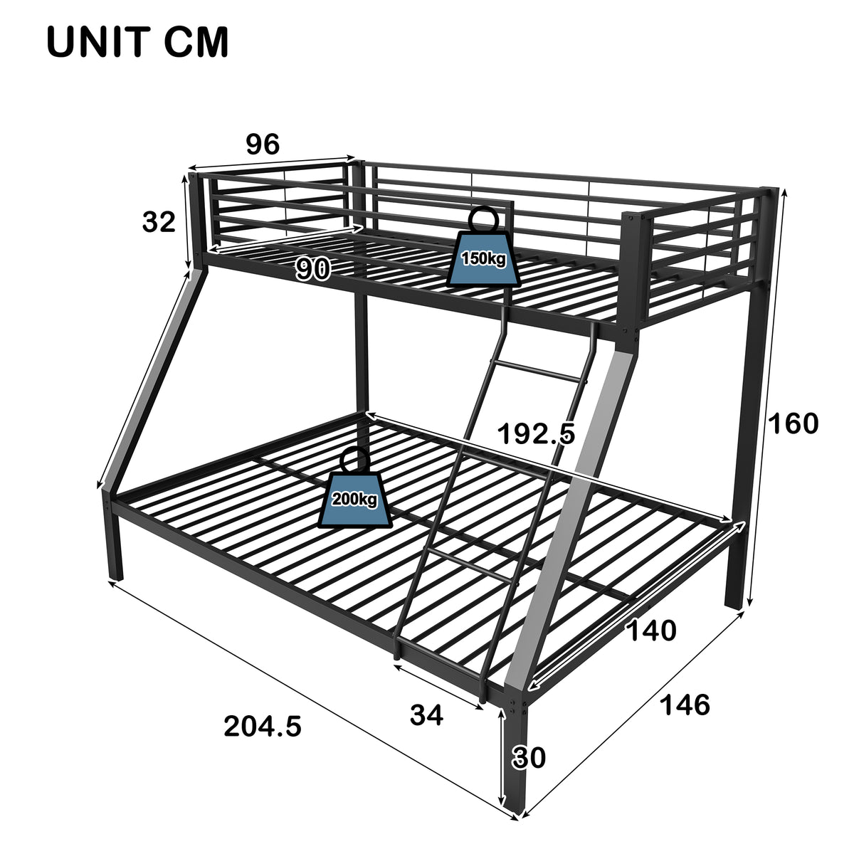 Cama bunk Metal 90/140 x 200 cm – Cama familiar y bunk con protección contra caídas, escalera segura y rejilla, construcción estable, silenciosa, para niños, jóvenes y adultos, Negro