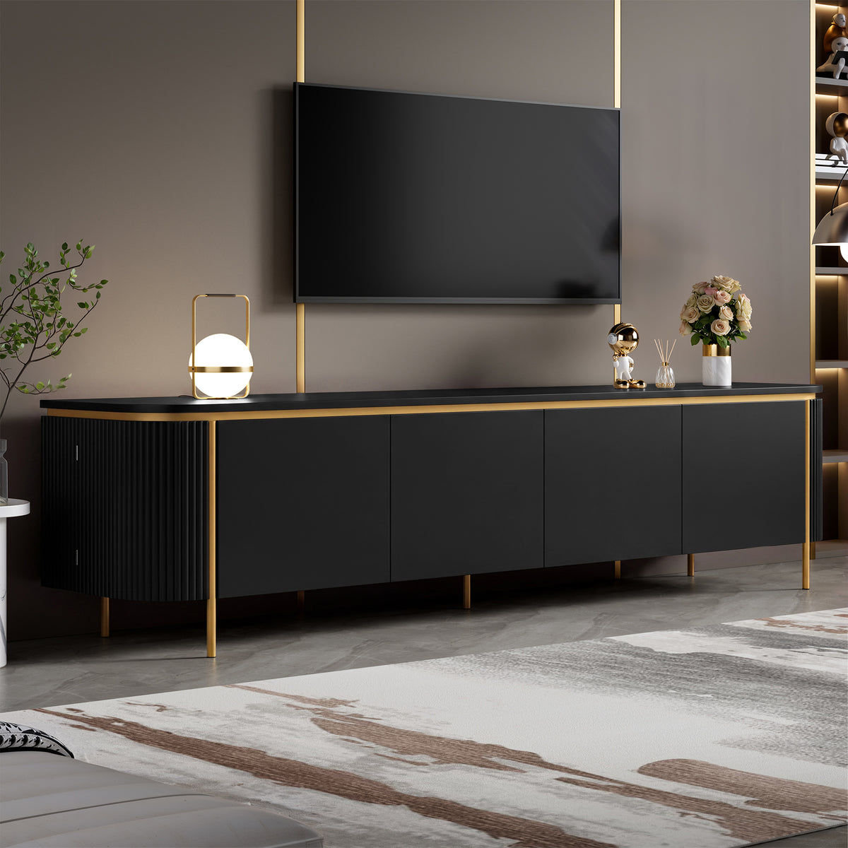 Armario bajo para TV con patas de hierro, 6 puertas, bordes redondeados y ranurado para cables, ideal para el salón