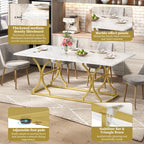 Mesa de comedor de 200×80cm, para 8–10 personas, diseño moderno en óptica de mármol, placa de mesa de 2,5 cm de espesor, resistente al agua y al arañazo, patas metálicas de color oro con correderas ajustables, adecuada para el salón y el comedor