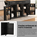 Gran carrito de cocina/armario de 139x46(71)x91,5 cm, cuerpo negro + mesilla de trabajo en madera de alta calidad, mesilla de trabajo plegable, puerta de almacenamiento, ruedas, pies de madera intercambiables, adecuado para comedor, cocina