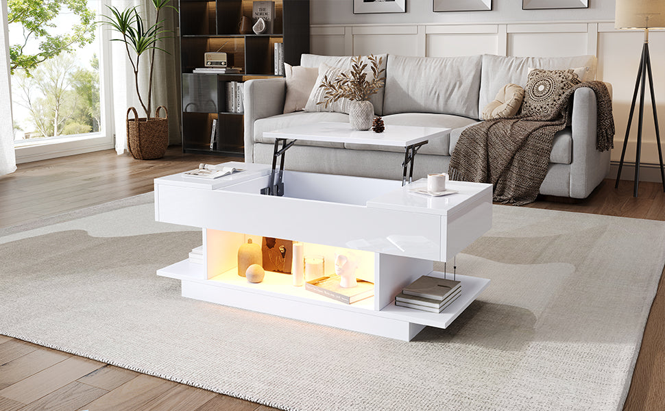 Mesón de Sofá con Luz LED y Placa Elevable – 98×45×40 cm, Blanco con Almacenamiento Oculto