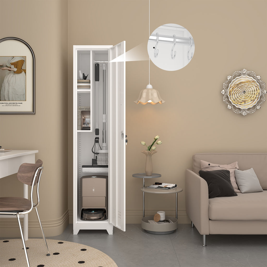Gabineté de almacenamiento para limpieza de metal esbelto y blanco con puerta cerradora, estantes y barra de colgado, 65" de alto, organizador de utilidades para la cocina, despensa, oficina, taller y garaje