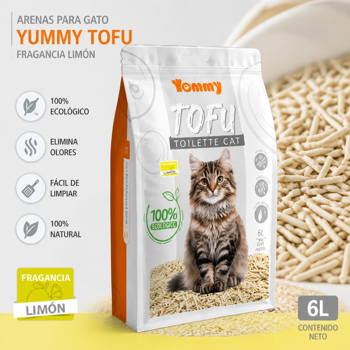 Arena para Gato Yummy Tofu con Fragancia a Limón, 6L