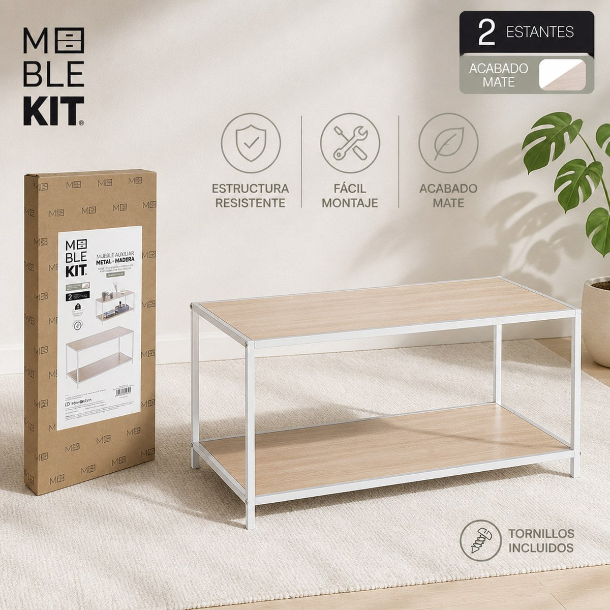 Mesa de Café Meble Kit con 2 Estantes, Marco Blanco