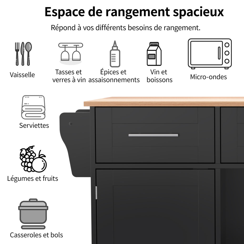 Gran carrito de cocina/armario de 139x46(71)x91,5 cm, cuerpo negro + mesilla de trabajo en madera de alta calidad, mesilla de trabajo plegable, puerta de almacenamiento, ruedas, pies de madera intercambiables, adecuado para comedor, cocina