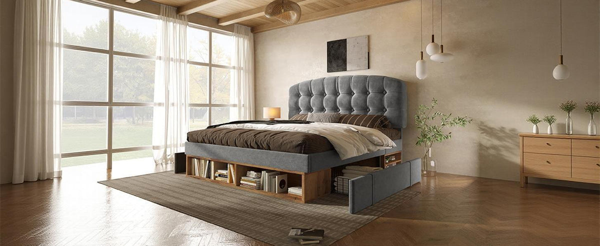 Cama Doble 140x190 cm de Lana Gris con Cajones y Cabecero Regulable – Sin Colchón