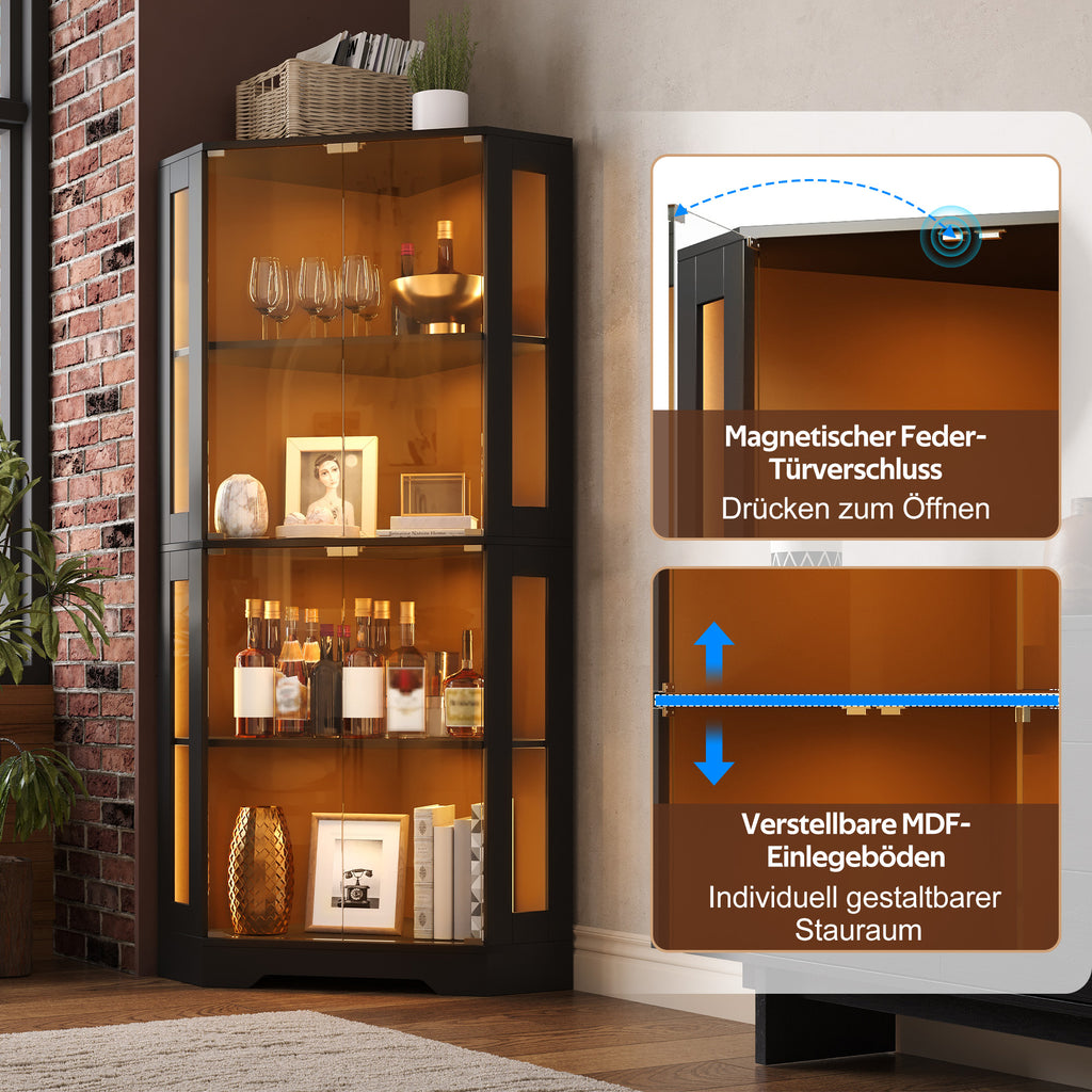 Armario vitrina de 165 cm con LED, armario lateral de cristal de seguridad de 4 niveles, moderno armario de vinos para figuras, coleccionables y vinos, para cocina y comedor