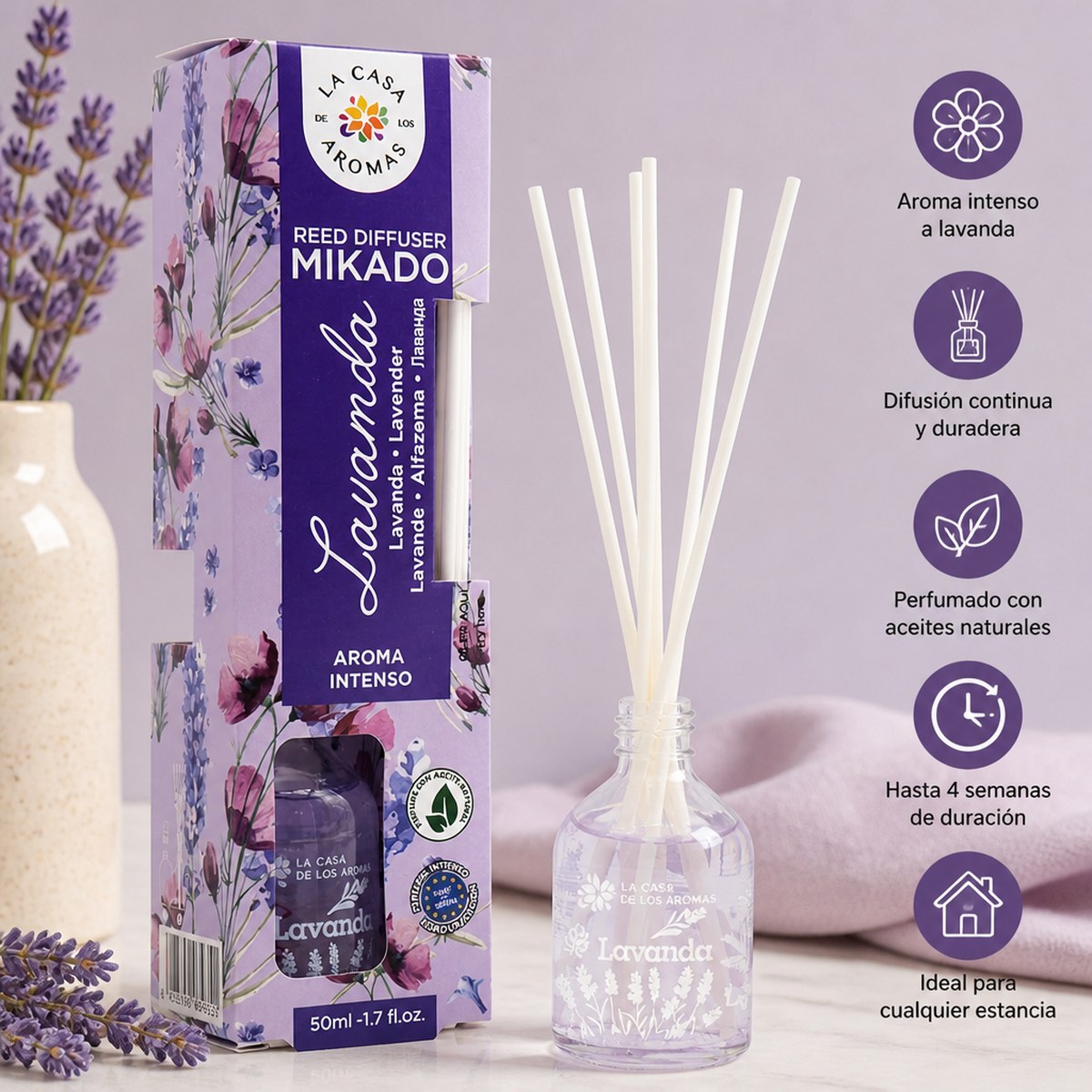 Difusor de Varitas Mikado Lavanda, 50ml de La Casa de los Aromas