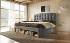 Cama Doble 140x190 cm de Lana Gris con Cajones y Cabecero Regulable – Sin Colchón