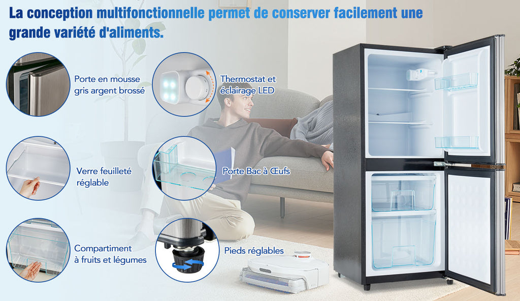 Refrigerador Minikühlschra de 106L, 60-l de capacidad de refrigeración + 46-l de capacidad de freezer, 7 ajustes de temperatura, puerta plateada + cuerpo negro, iluminación LED, cajones de empotramiento ajustables, 166 kWh/Jr, 45 dB