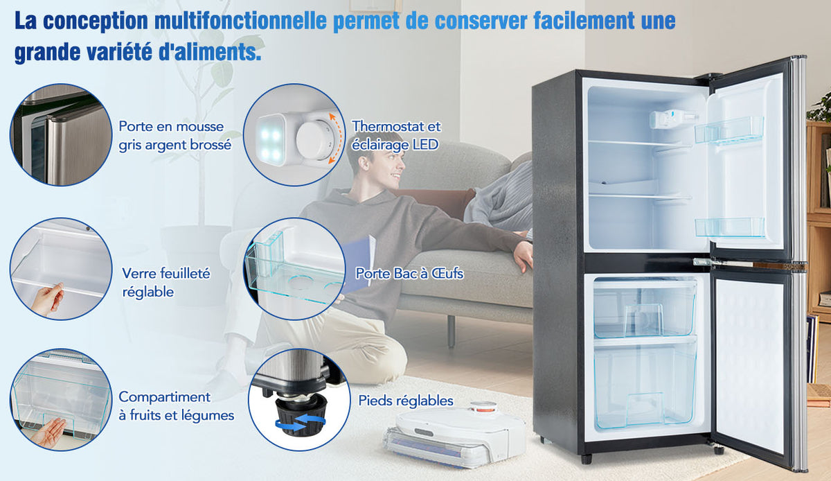 Refrigerador Minikühlschra de 106L, 60-l de capacidad de refrigeración + 46-l de capacidad de freezer, 7 ajustes de temperatura, puerta plateada + cuerpo negro, iluminación LED, cajones de empotramiento ajustables, 166 kWh/Jr, 45 dB