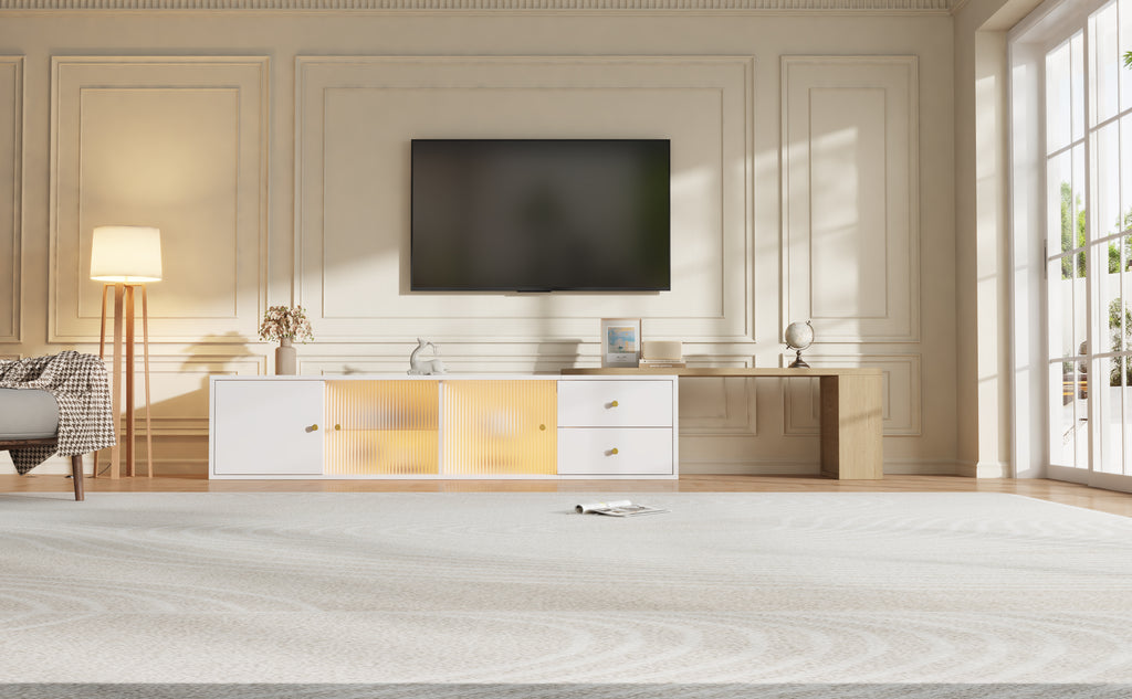Mueble lateral para TV con iluminación LED, extensible, 2 cajones + 2 puertas correderas de cristal + 1 compartimiento, Mueble lateral para TV con espacio de almacenamiento, estante lateral, moderno, Blanco & Madera, 175×40×35,5 cm