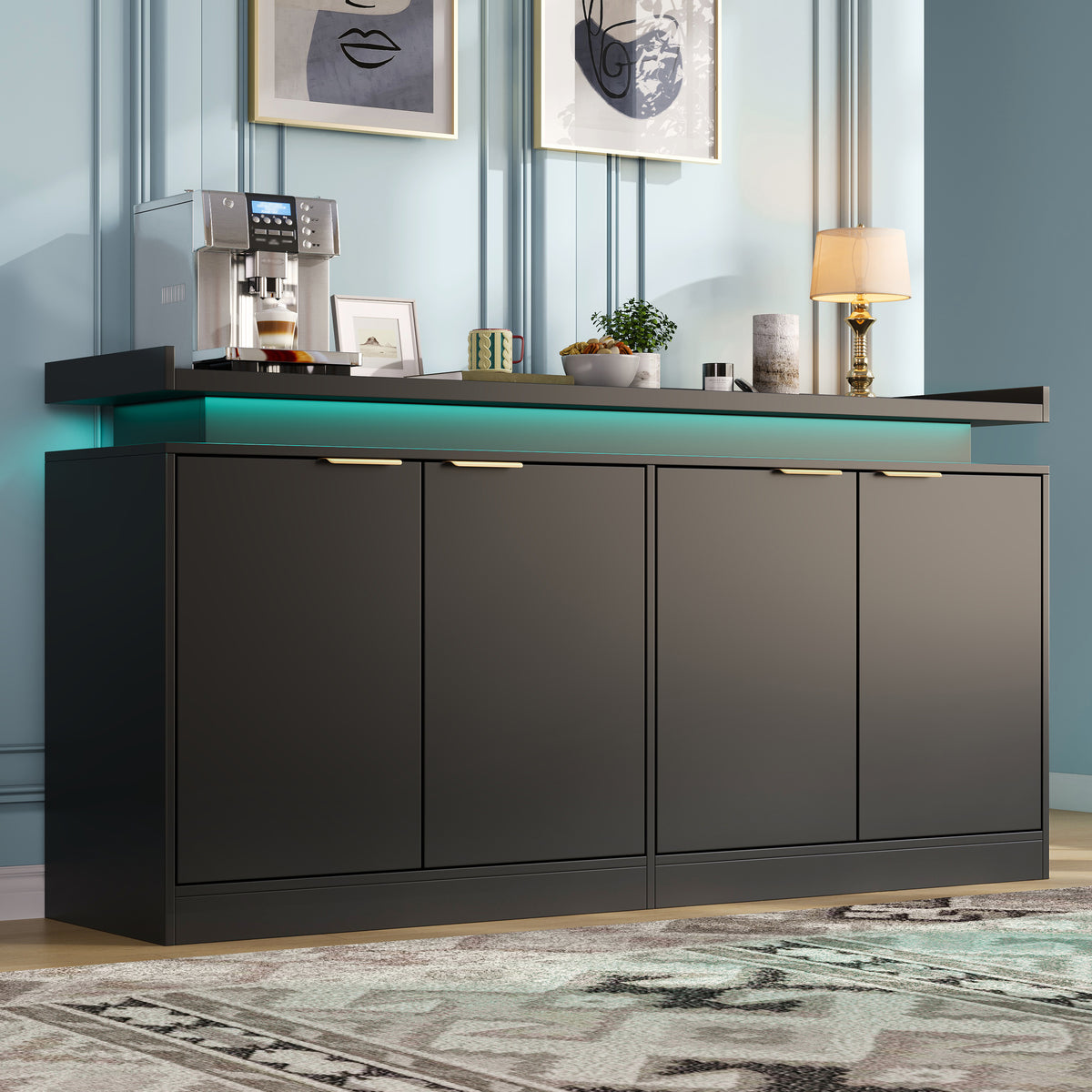 Armario de cocina con iluminación LED, Sideboard con 4 puertas, Buffet con mucho espacio de almacenamiento para el comedor y el salón, 160 × 39 × 83 cm