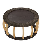 Mesa de café redonda de madera sólida con mimbre vintage, patas curvas, acento boho para el comedor, la cocina y la sala de estar, Negro Marrón