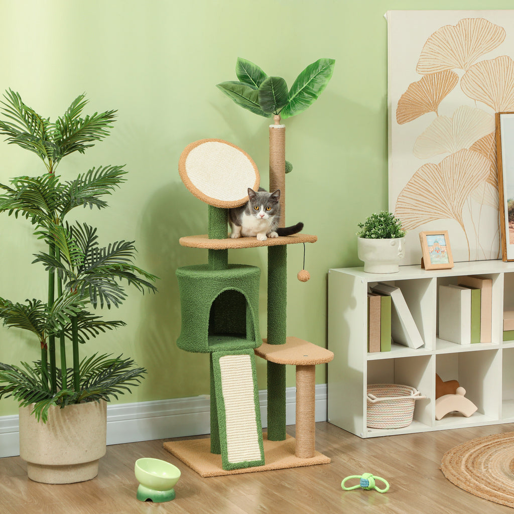 Arbol de gatos de 139 cm con cueva para gatos, pelota de juego, árbol de gatos con postes de rascar, para gatos de hasta 5 kg, color verde