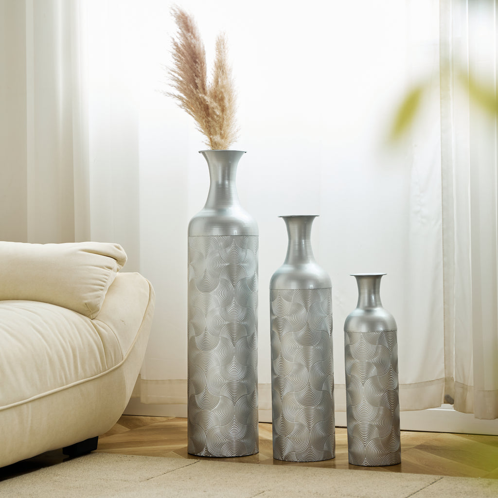 Set de 3 Vasos de Piso con Estampado de Olas, Color Plata (50/66/83 cm) - Grandes Vasos Decorativos de Metal como Cubiertos para Plantas, Decoración para Salón y Pasillo en Estilo Moderno