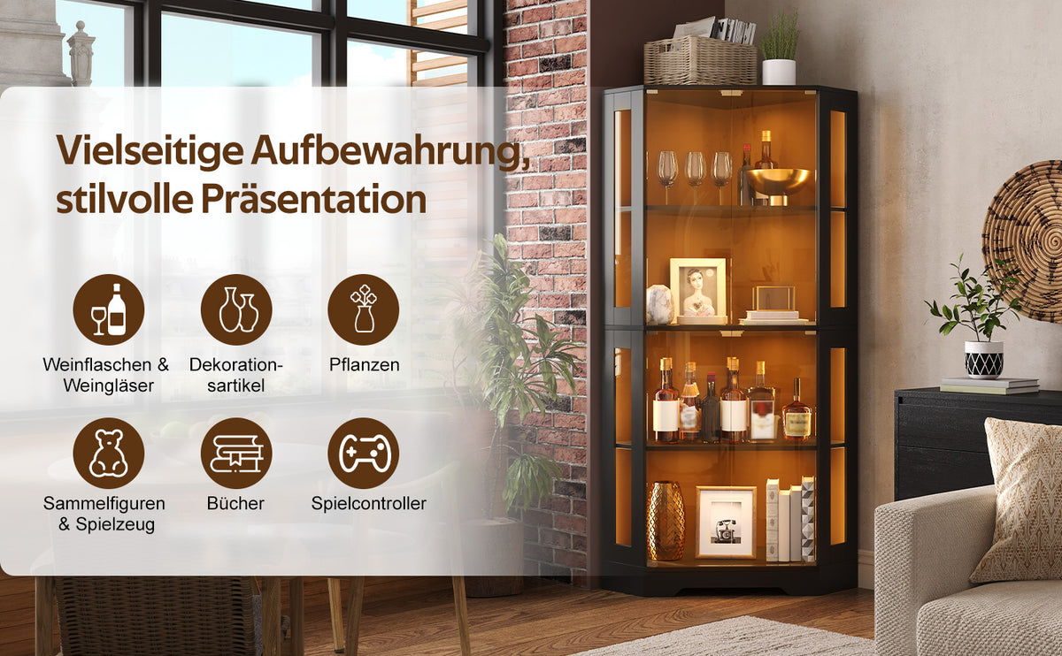 Armario vitrina de 165 cm con LED, armario lateral de cristal de seguridad de 4 niveles, moderno armario de vinos para figuras, coleccionables y vinos, para cocina y comedor