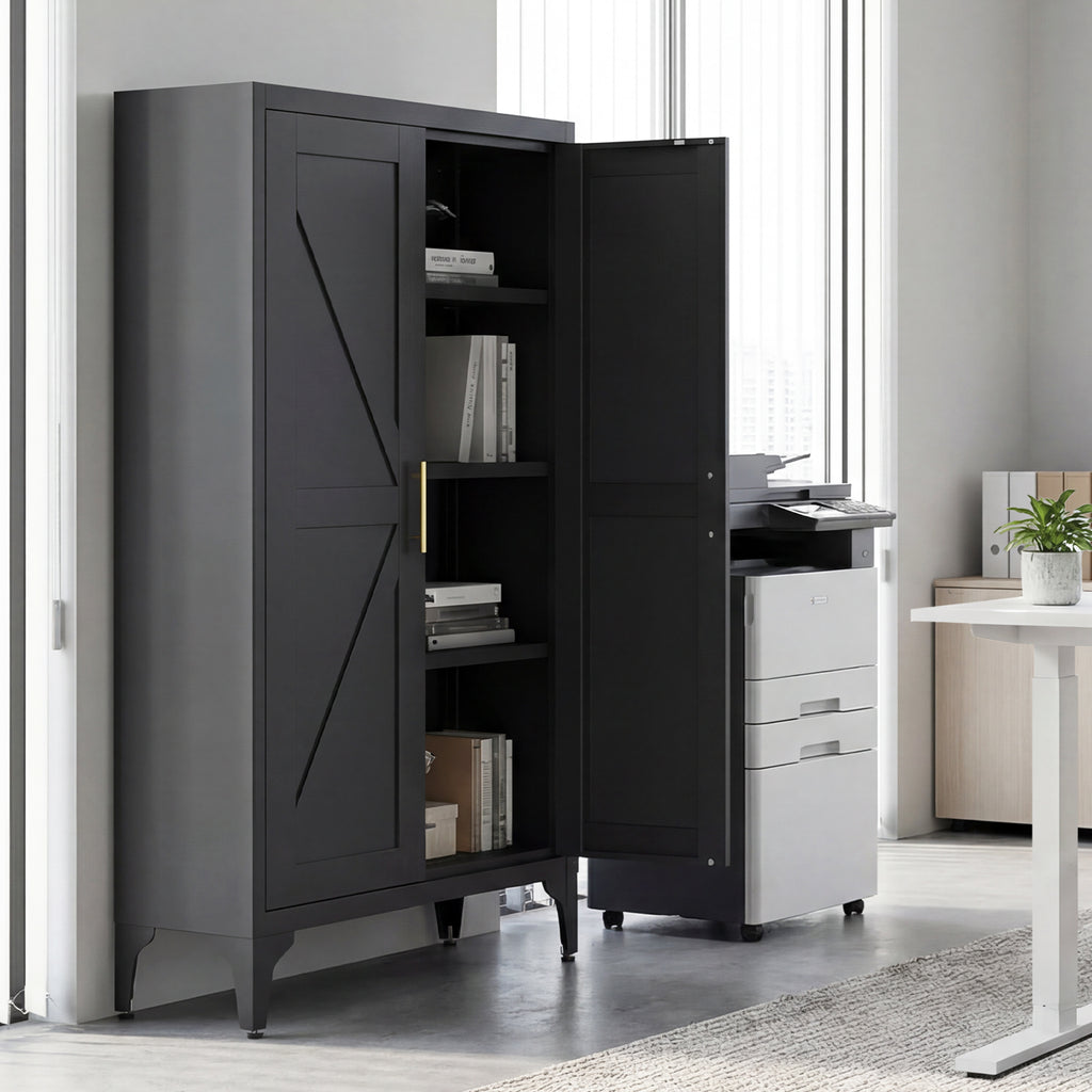 Gabinet de almacenamiento metálico de dos puertas ajustable para despensa de cocina, gabinete para el salón, comedor y oficina, negro