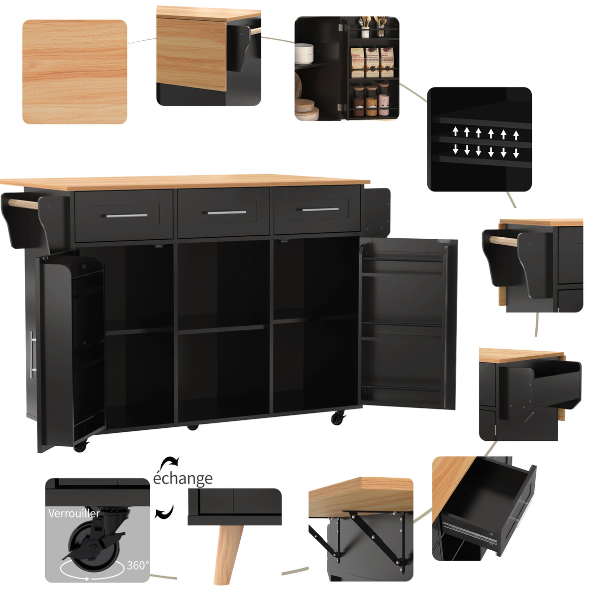 Gran carrito de cocina/armario de 139x46(71)x91,5 cm, cuerpo negro + mesilla de trabajo en madera de alta calidad, mesilla de trabajo plegable, puerta de almacenamiento, ruedas, pies de madera intercambiables, adecuado para comedor, cocina