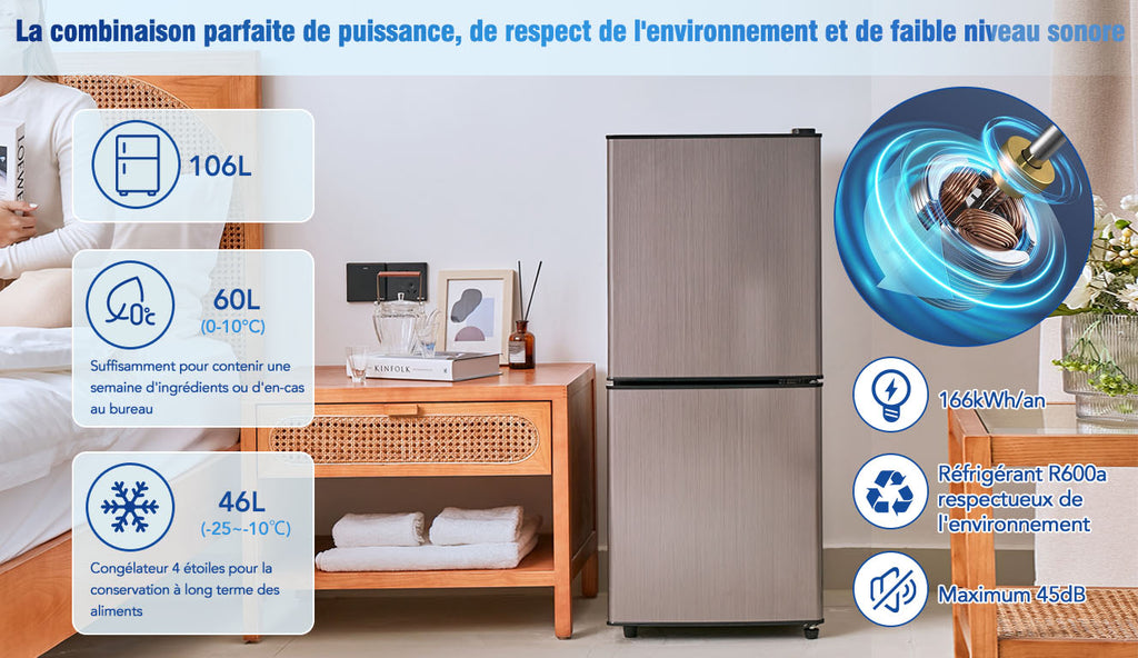 Refrigerador Minikühlschra de 106L, 60-l de capacidad de refrigeración + 46-l de capacidad de freezer, 7 ajustes de temperatura, puerta plateada + cuerpo negro, iluminación LED, cajones de empotramiento ajustables, 166 kWh/Jr, 45 dB