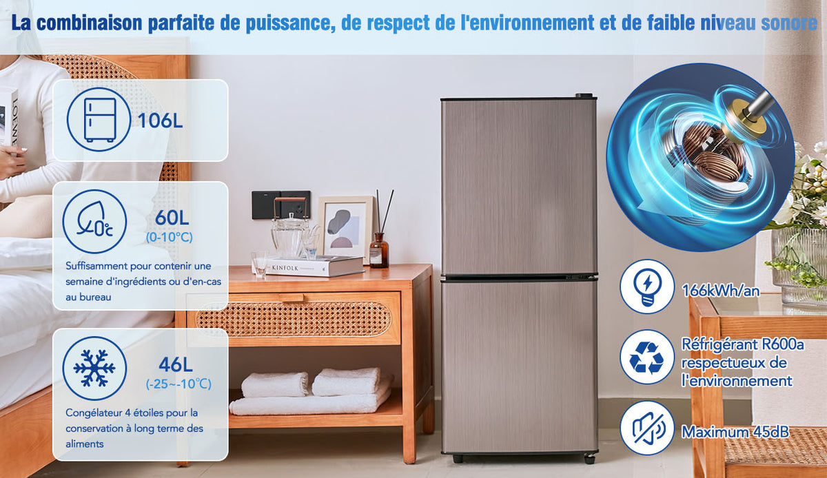 Refrigerador Minikühlschra de 106L, 60-l de capacidad de refrigeración + 46-l de capacidad de freezer, 7 ajustes de temperatura, puerta plateada + cuerpo negro, iluminación LED, cajones de empotramiento ajustables, 166 kWh/Jr, 45 dB