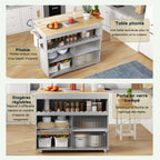 122 x 46(69) x 91 cm, Cocina con isla plegable, Mesón de trabajo de madera de roble, Puertas correderas de cristal templado, Tableros de empotramiento ajustables, Anclaje para toallas, Gran Cocina con isla