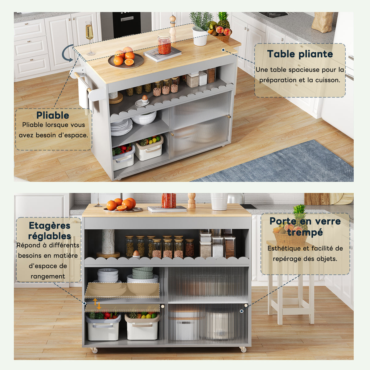122 x 46(69) x 91 cm, Cocina con isla plegable, Mesón de trabajo de madera de roble, Puertas correderas de cristal templado, Tableros de empotramiento ajustables, Anclaje para toallas, Gran Cocina con isla