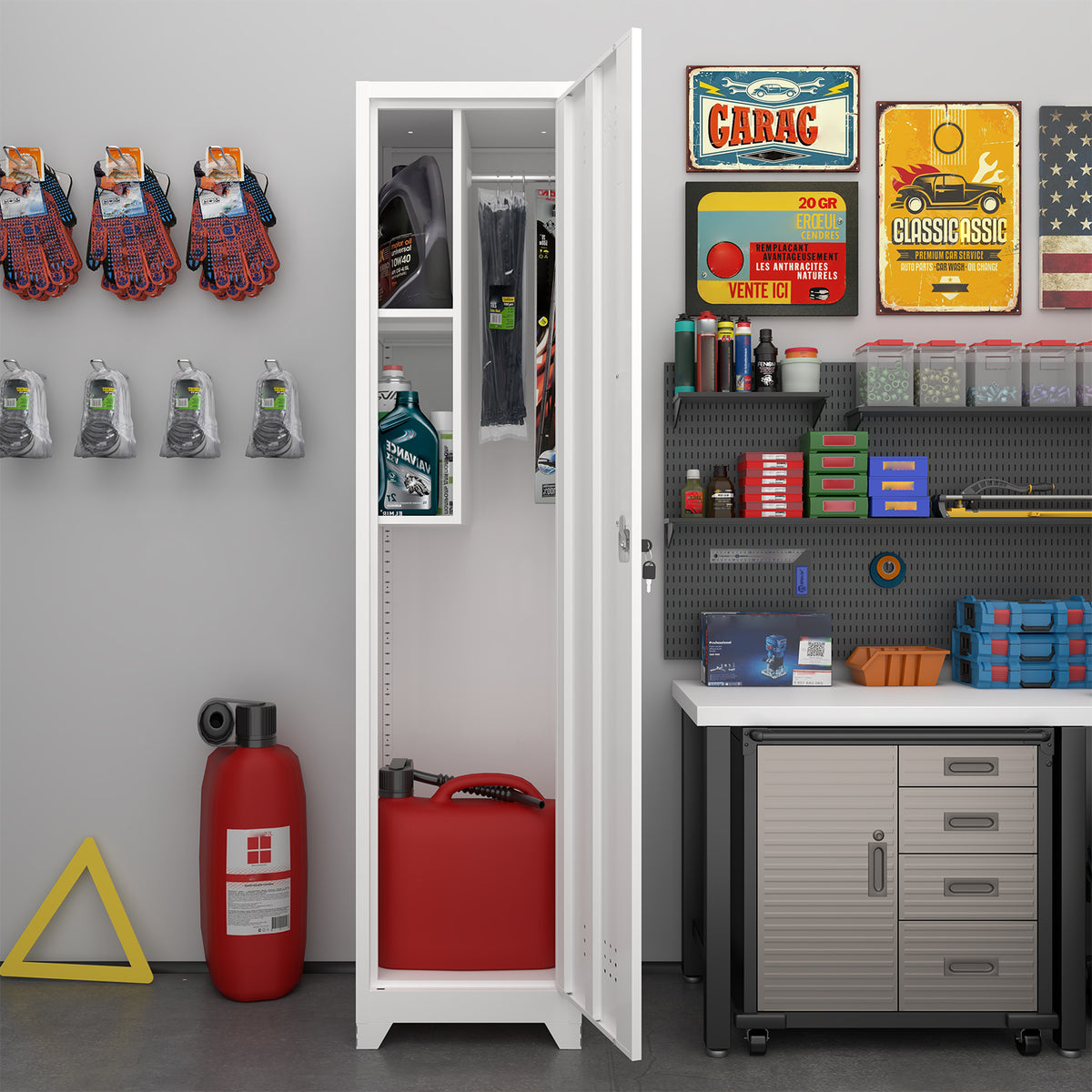 Gabineté de almacenamiento para limpieza de metal esbelto y blanco con puerta cerradora, estantes y barra de colgado, 65" de alto, organizador de utilidades para la cocina, despensa, oficina, taller y garaje