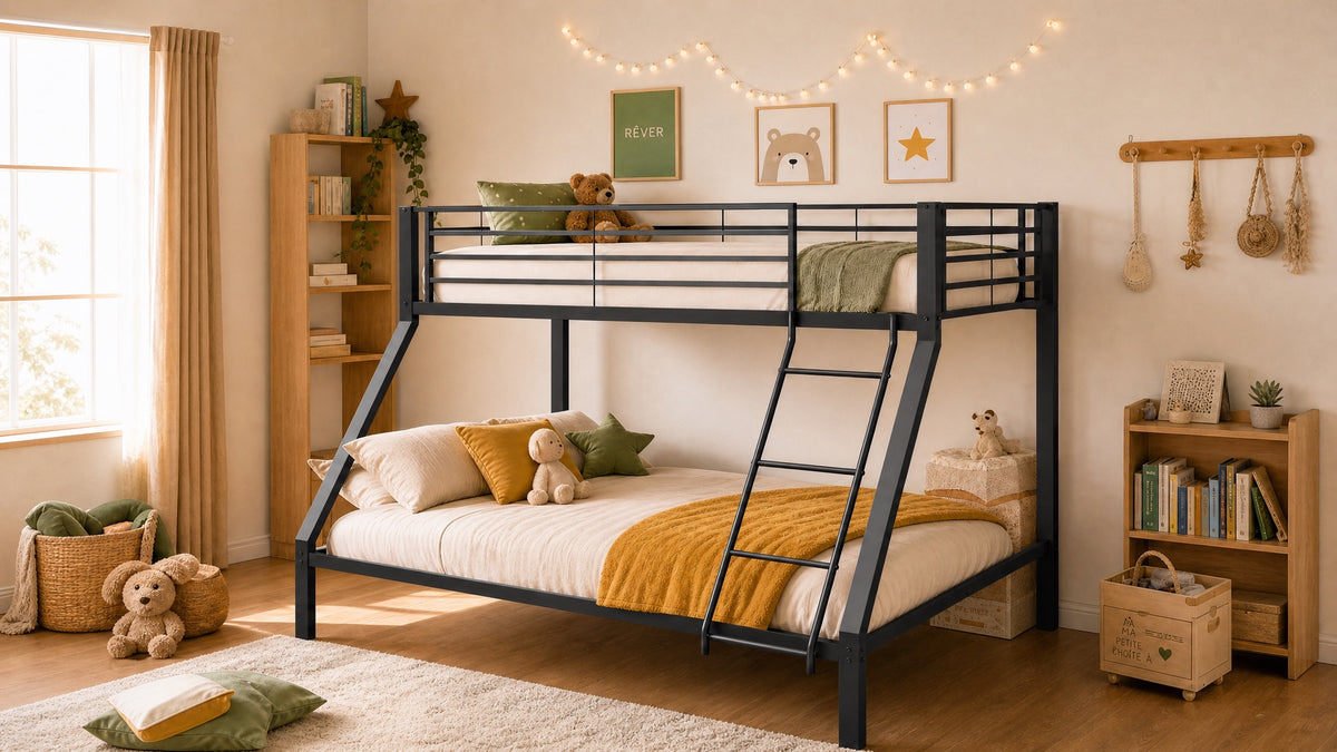 Cama bunk Metal 90/140 x 200 cm – Cama familiar y bunk con protección contra caídas, escalera segura y rejilla, construcción estable, silenciosa, para niños, jóvenes y adultos, Negro