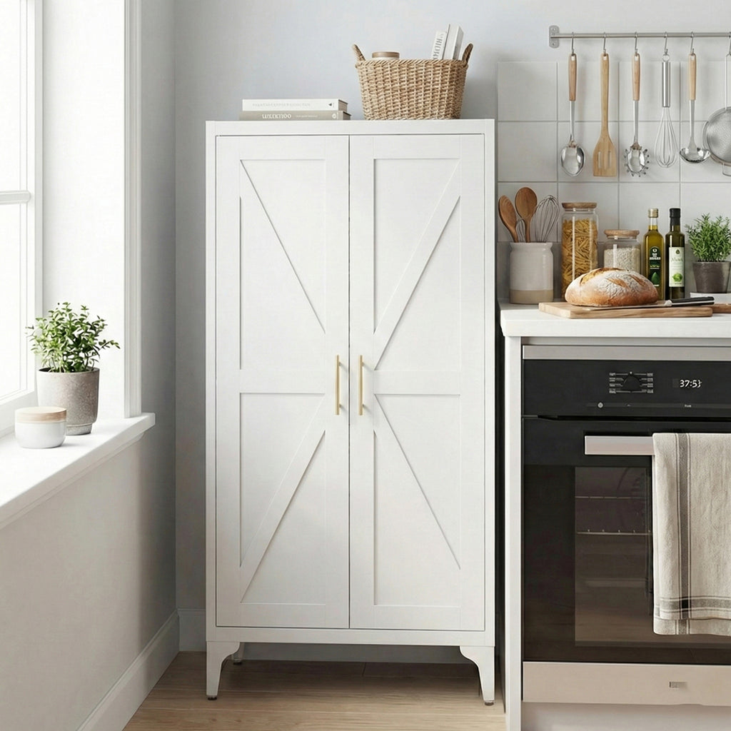 Gabinet de almacenamiento metálico de 2 puertas ajustable para despensa de la cocina, gabinete de despensa con estantes ajustables, todo de acero, para la cocina, el salón, el comedor y la oficina, blanco