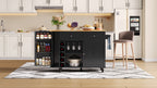Isla de cocina con placa de trabajo plegable, equipada con 5 ruedas con cierre, armario, estante para vinos y soporte para vasos, negro, 120 x 45(70) x 89 cm