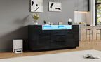 140*40*68cm Sideboard para el salón con 2 puertas en forma de L, armario para el salón con tabiques ajustables y luces LED, armario con lustre con 3 cajones, cómoda, negro