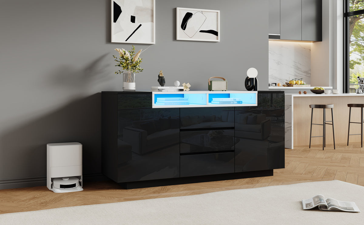 140*40*68cm Sideboard para el salón con 2 puertas en forma de L, armario para el salón con tabiques ajustables y luces LED, armario con lustre con 3 cajones, cómoda, negro