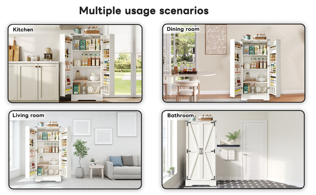 Armario de cocina de 128,5 cm, armario de almacenamiento rural – Armario de almacenamiento de alimentos con LED, con 2 puertas y estantes ajustables para pequeñas habitaciones en el comedor o el salón, estructura de presión por debajo blanca