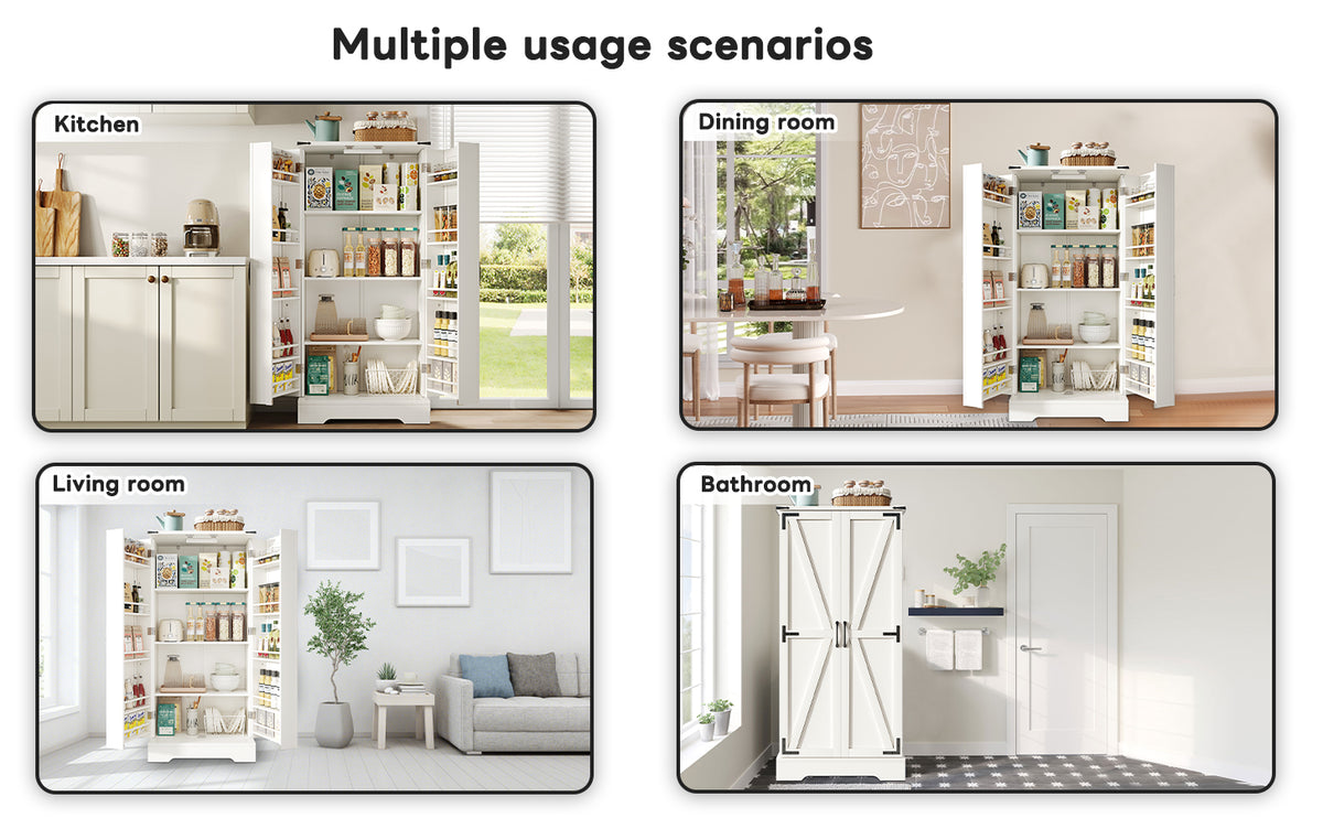 Armario de cocina de 128,5 cm, armario de almacenamiento rural – Armario de almacenamiento de alimentos con LED, con 2 puertas y estantes ajustables para pequeñas habitaciones en el comedor o el salón, estructura de presión por debajo blanca