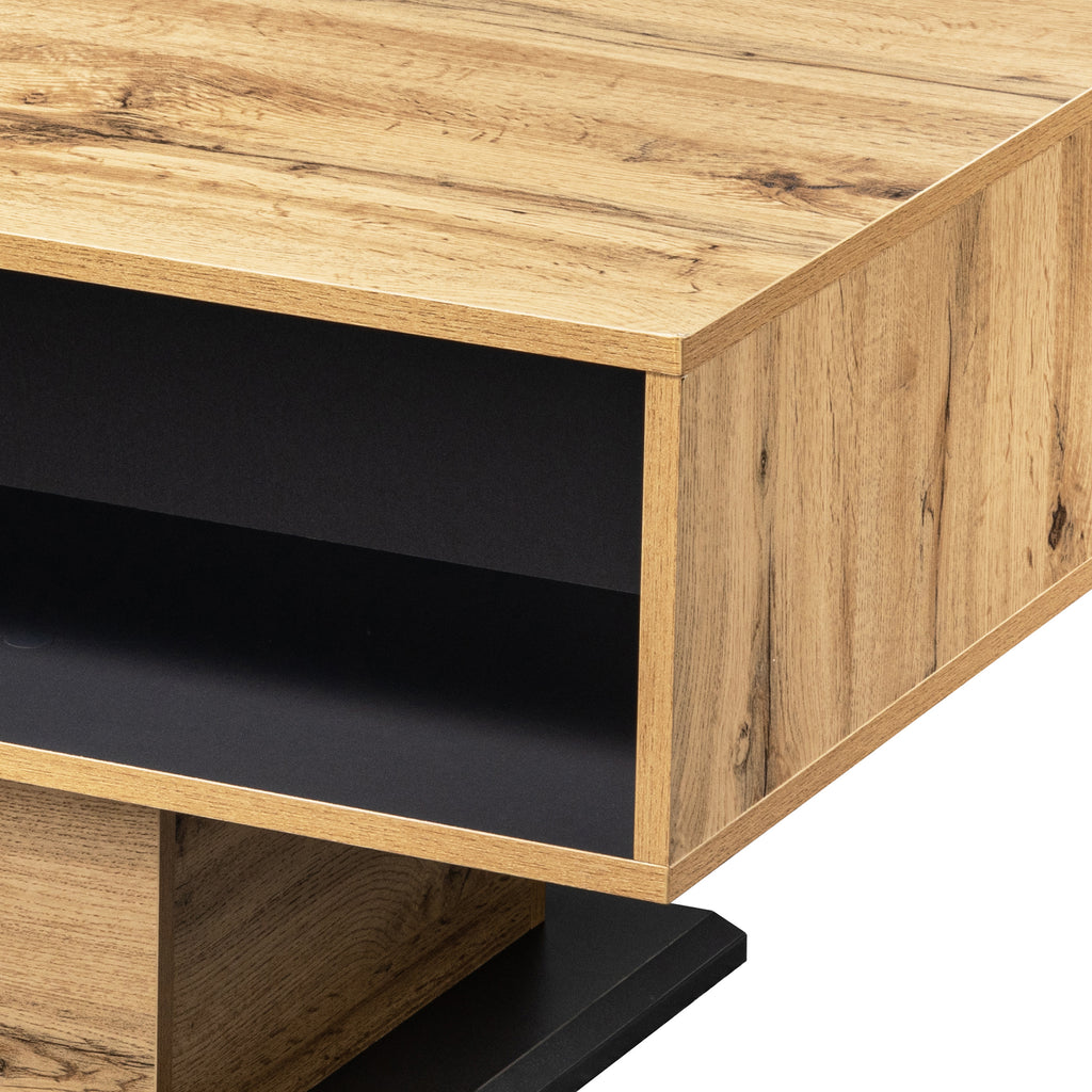 Mesita de centro de madera con textura, con un cajón sin mango, un estante y estante trasero, espacio de almacenamiento doble. Oficina, sofá de salón, gran espacio de almacenamiento.
