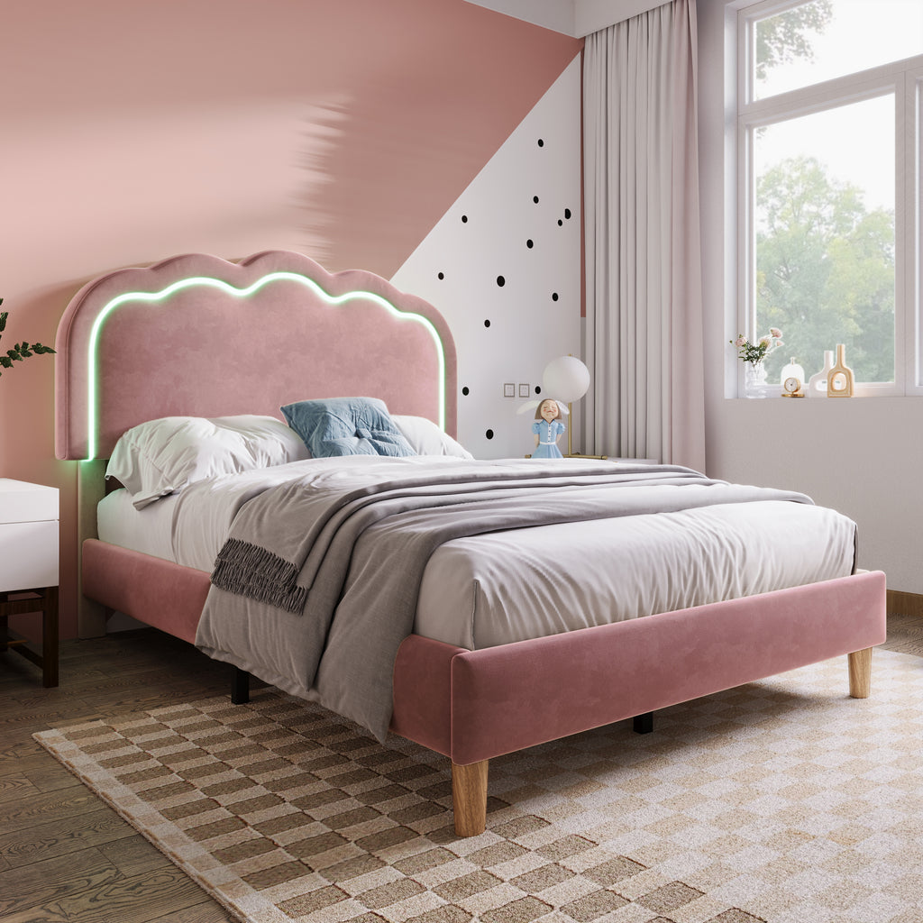 Cama con Colchón LED Individual 90 x 190cm, Base de Cama con Armazón de Latas y Parte Superior de Cabeza Ajustable, Cama Con Colchón en Rosa, Armazón de Cama para Habitación de Dormir, Habitación de Huéspedes - Seda