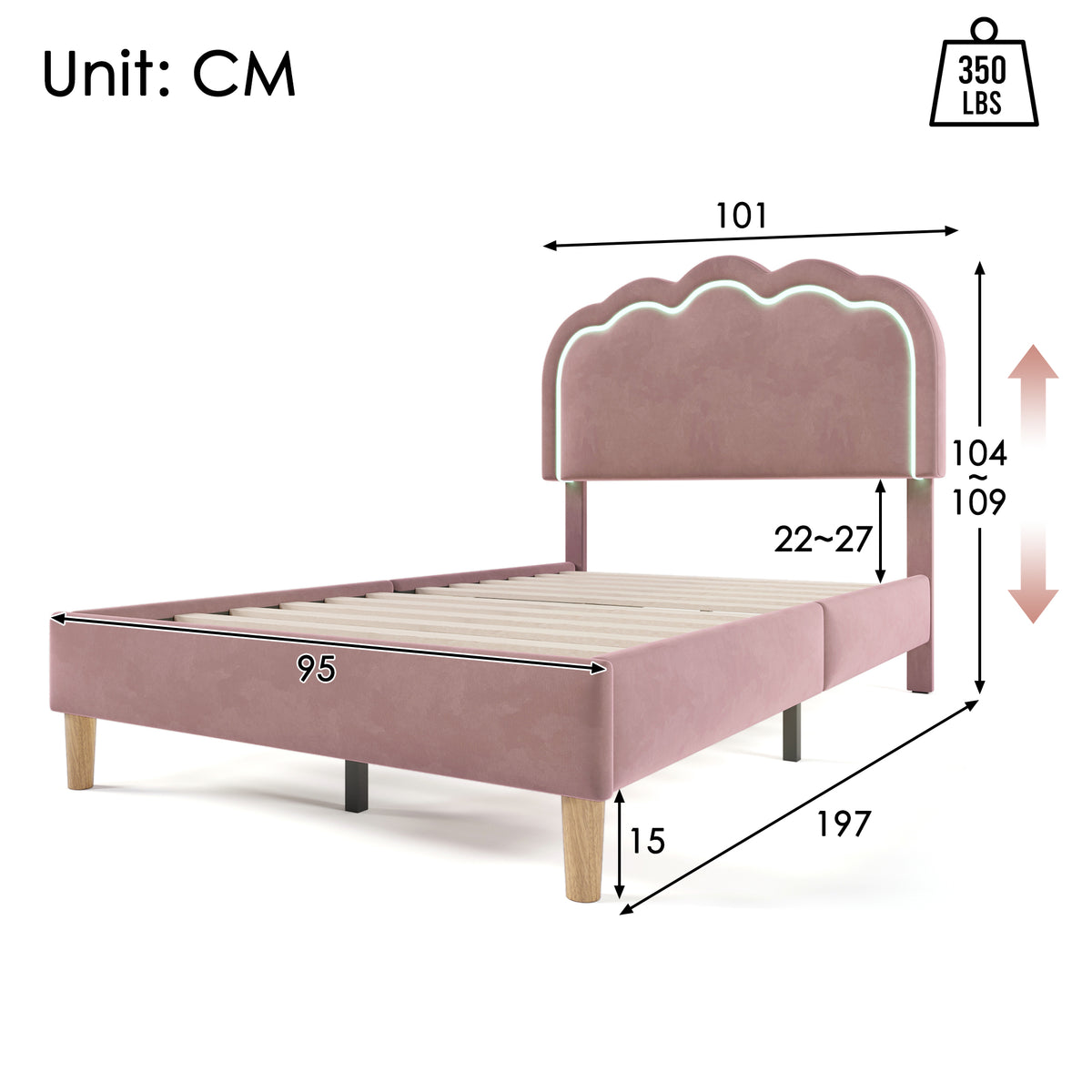Cama con Colchón LED Individual 90 x 190cm, Base de Cama con Armazón de Latas y Parte Superior de Cabeza Ajustable, Cama Con Colchón en Rosa, Armazón de Cama para Habitación de Dormir, Habitación de Huéspedes - Seda