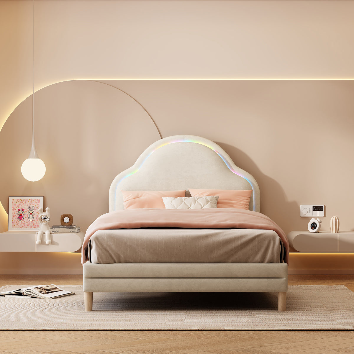 Cama con cabezal en forma de nubes, con luces LED multicolores y cambiantes, cama para niños con listones de madera, cama individual, seda, beige, 90x200cm