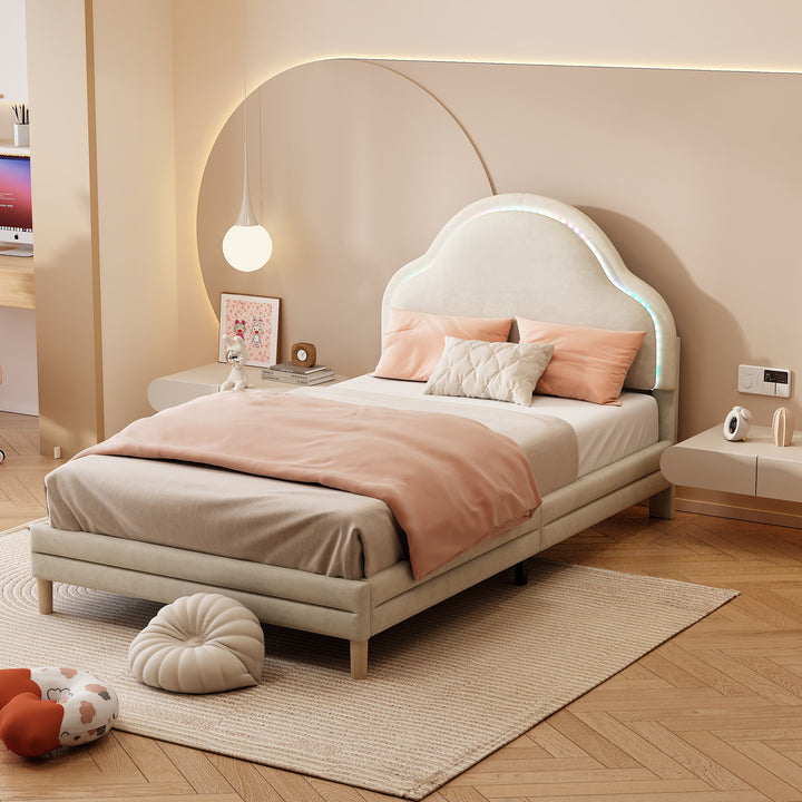 Cama con cabezal en forma de nubes, con luces LED multicolores y cambiantes, cama para niños con listones de madera, cama individual, seda, beige, 90x200cm
