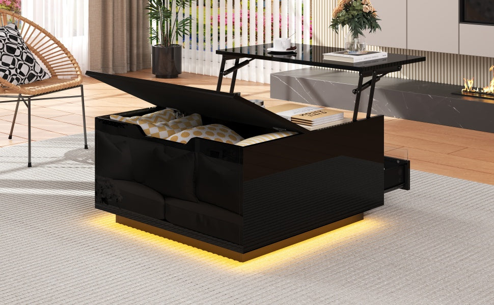 Mesón de salón de 70*70*38cm, Mesón de café elevador con tira de luz LED, Sofático con 1 cajón, Mesón auxiliar de alta brillantez con espacio de almacenamiento oculto y puertas con abertura superior, Negro
