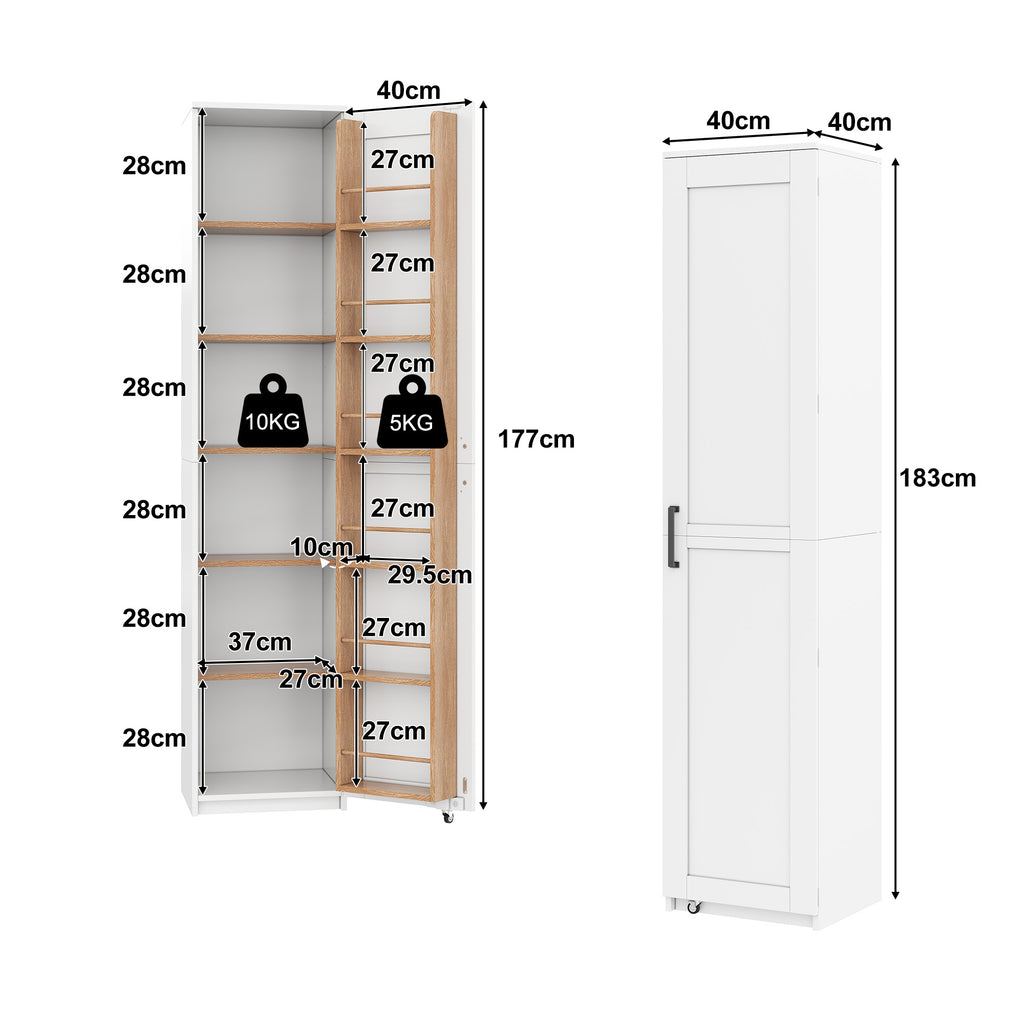 Armario de cocina, armario alto de almacenamiento con soportes para puertas y baldas ajustables, armario de provisiones para el salón, comedor y baño, 40 × 40× 183 cm